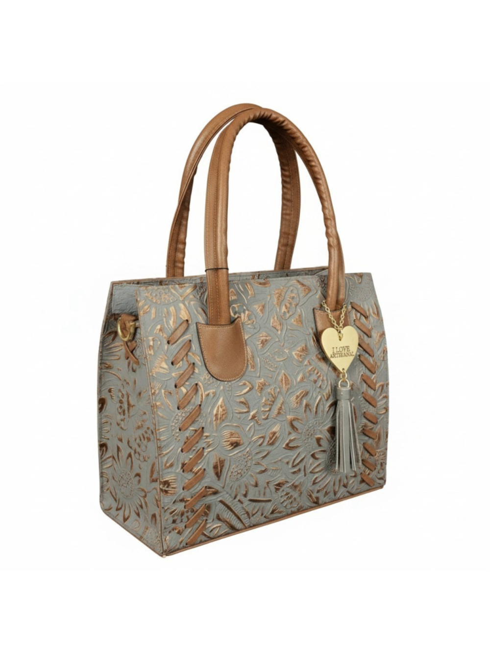 Sunflowers Blue Gray Bronze Stitched Embossed Tooled Artisan LEATHER Bag Purse - Picture 16 of 16
